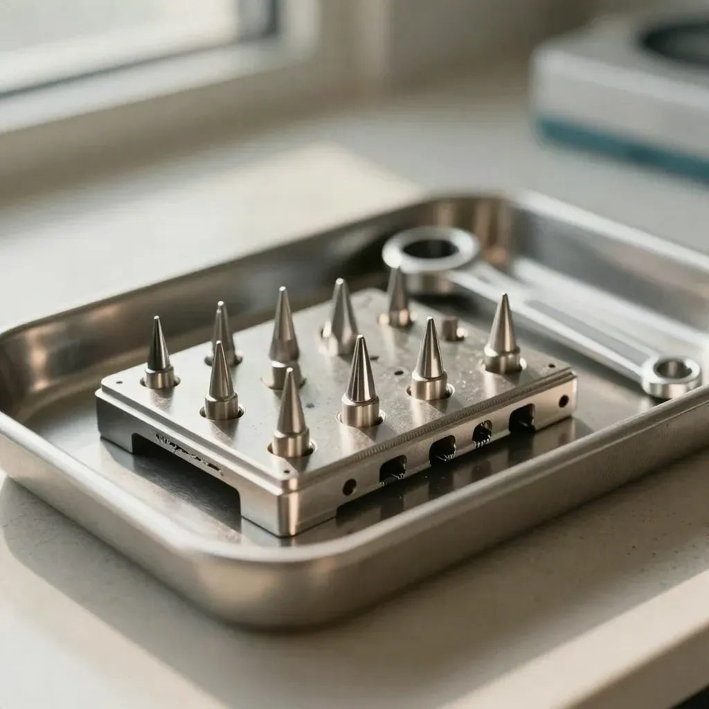 Implant cassette with torque wrench and titanium fixture tray on brushed steel