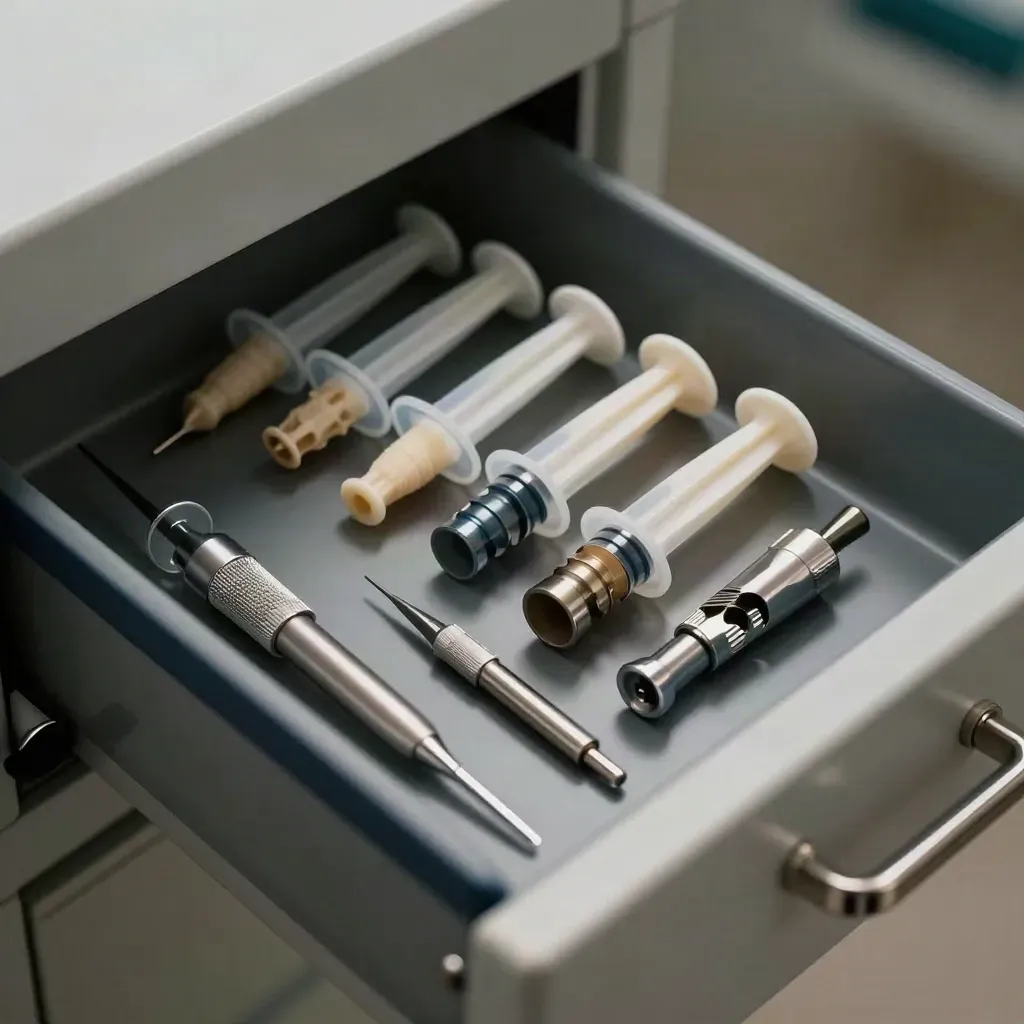 Bone graft syringes, retractors, and implant burs aligned in a sterile drawer