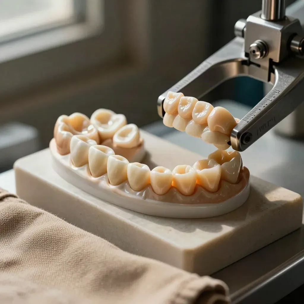 Shade tabs, ceramic crowns, and a dental articulator on a prosthodontic bench under skimming light.