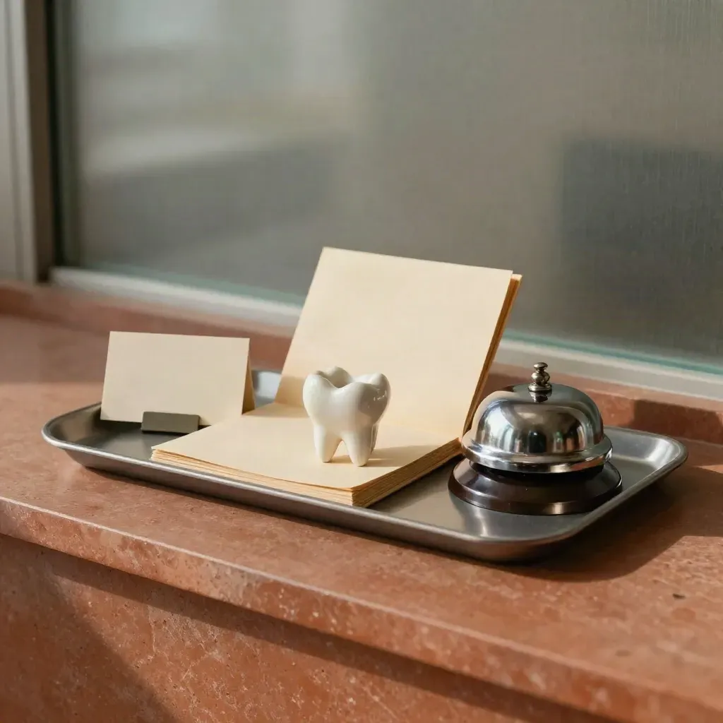 Dental welcome tray with tooth sample, folio, bell, and card stand on a stone counter.