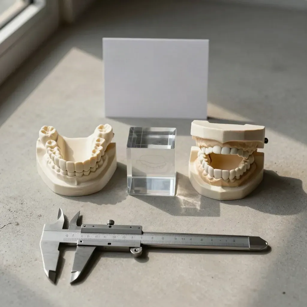 Overhead dental case review flatlay with jaw models, CBCT cube, and stainless caliper case.