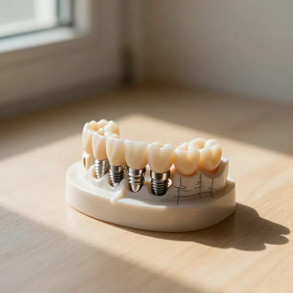 Surgical guide shell, wax-up tooth forms, and implant analogs on a pale wood tray.