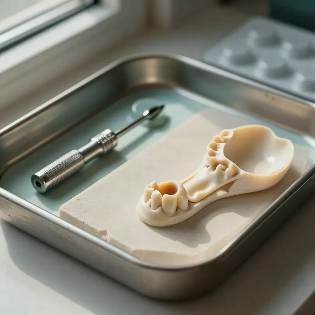 Sterile dental implant fixture, torque driver, blister pack, and model jaw on a plaster tray.