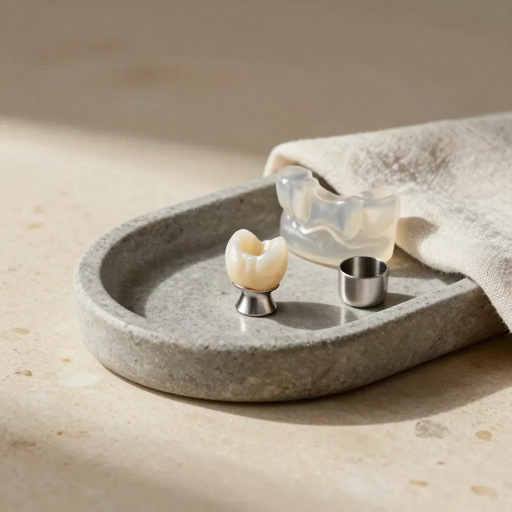 Dental crown seated on abutment with bite model and polishing cup in a stone tray