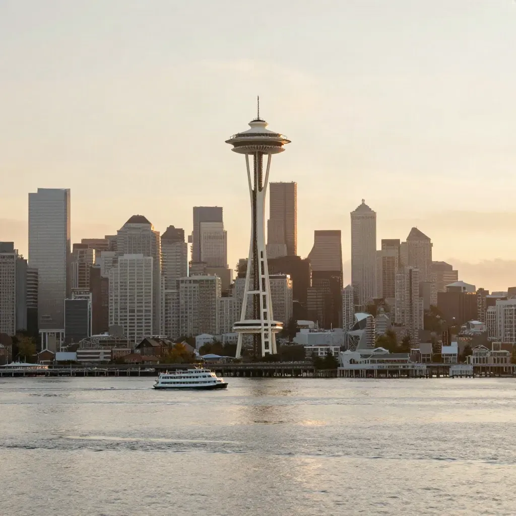 Seattle skyline at sunrise with Space Needle, misty waterfront, and ferry wake