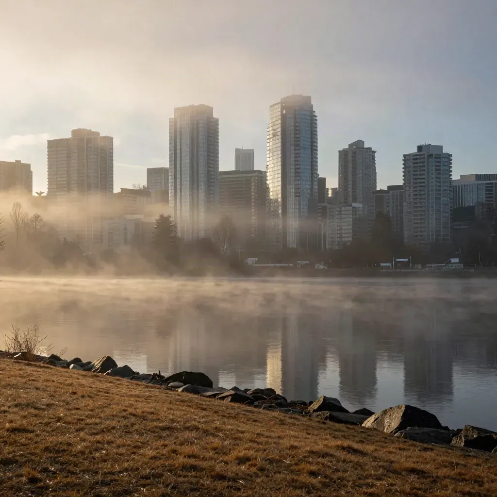 Bellevue skyline above a misty Eastside hillside at sunrise