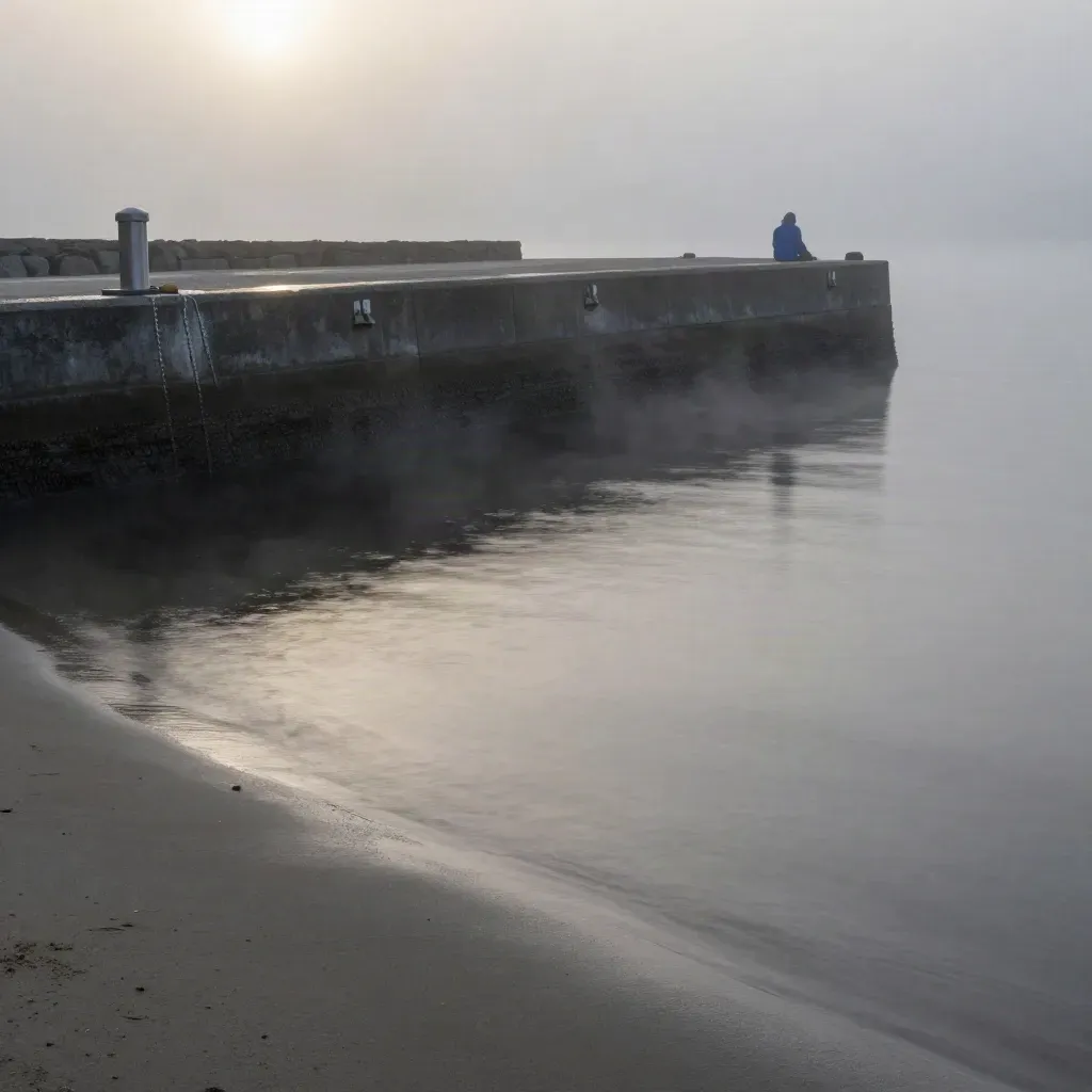 Hazy North Sound harbor edge with Everett and Edmonds softened high above a calm concrete seawall.
