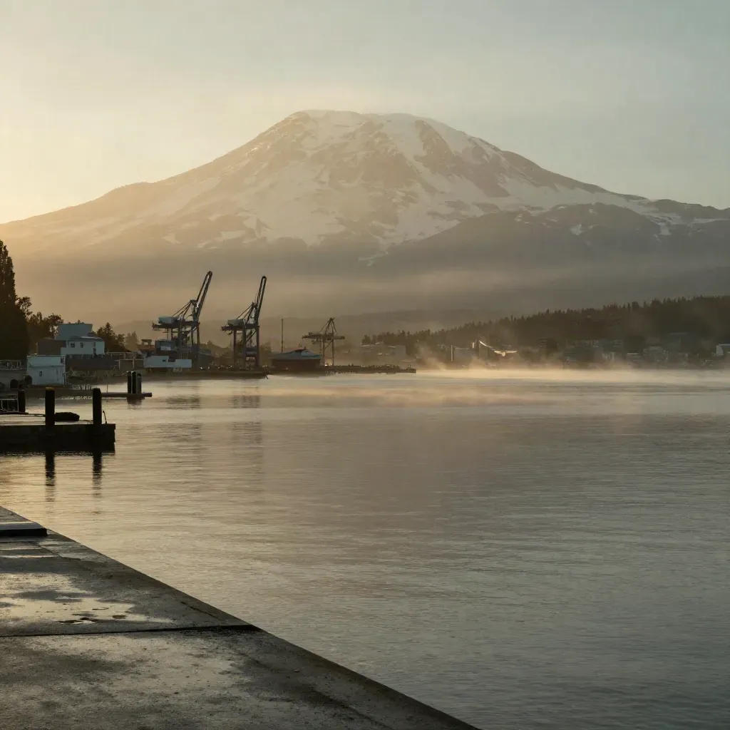 Tacoma waterfront with Mount Rainier above a misty shoreline at warm late-afternoon glow.