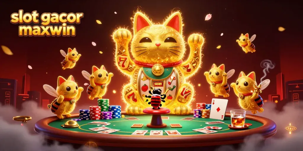 Engage with slot gacor maxwin through a vibrant scene featuring golden fireflies, a lucky cat, and dynamic casino symbols.