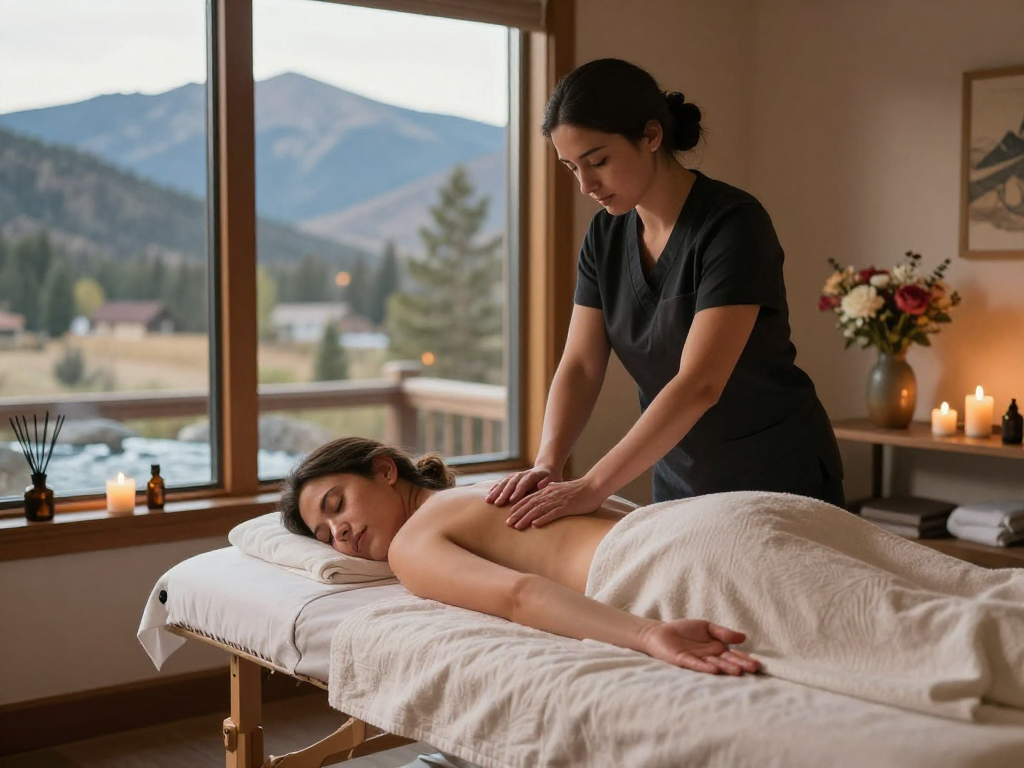 Masseuse in Mammoth Lakes offering a relaxing Swedish massage in a serene setting with mountain views and soothing ambiance.