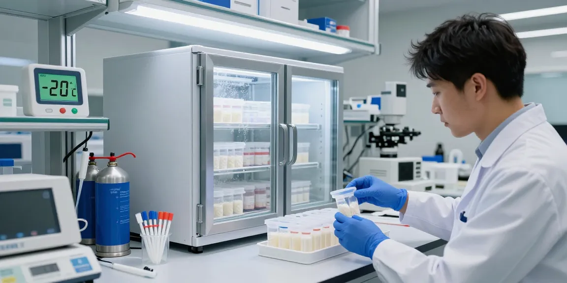 Lab technician handling lyophilisation peptides in secure storage, ensuring optimal preservation temperatures.