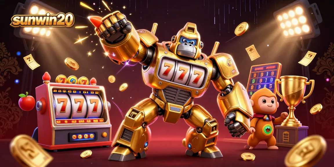 Engage with sunwin20's thrilling slots experience featuring a dynamic gorilla mech and vibrant gaming elements.