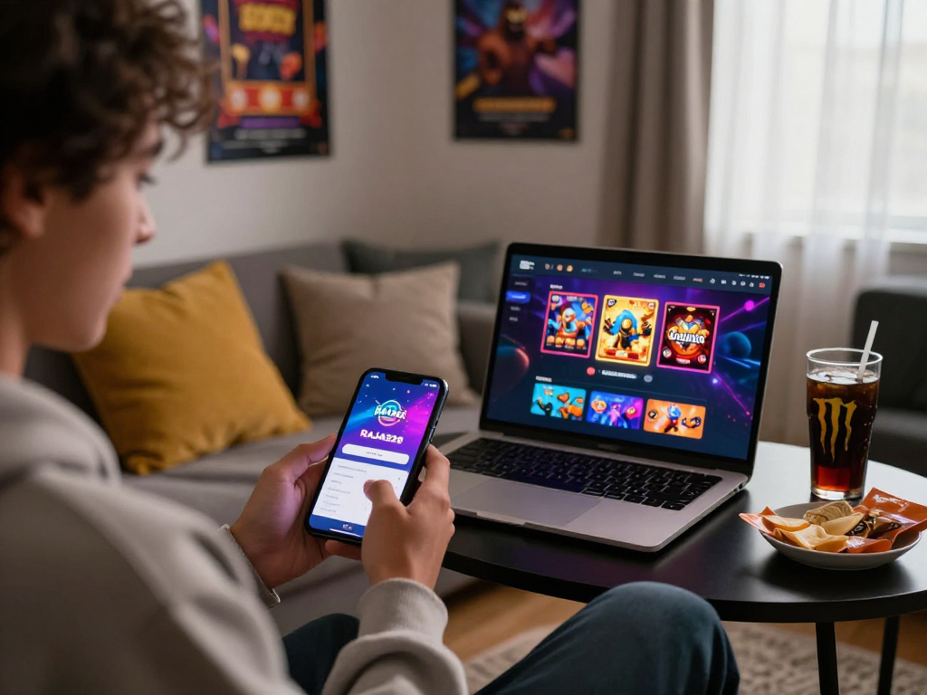 raja328 login interface displayed on a smartphone in a cozy gaming environment