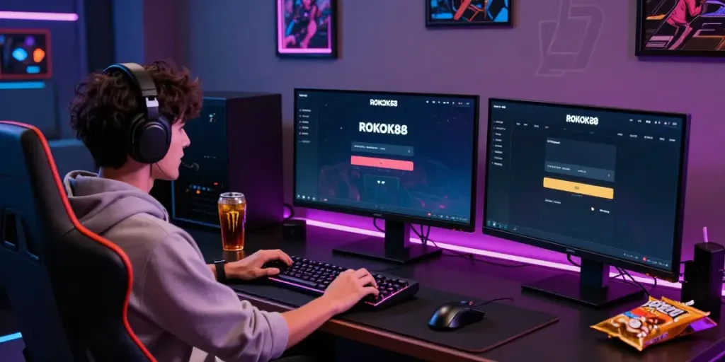 rokok88 login screen in a vibrant gaming setup with a user at the desk