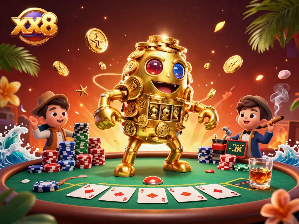 Experience gaming excitement at xx8 with a golden golem, poker chips, and vibrant casino elements.