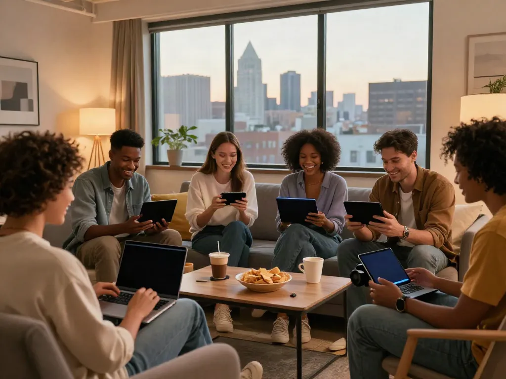 Friends enjoying a casual gathering at a stylish apartment, highlighting rokok88 lifestyle.