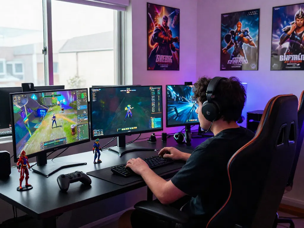 Engaged gamer at high-tech desk with vibrant displays and LED lights, showcasing https://rokok88link.org gaming experience.