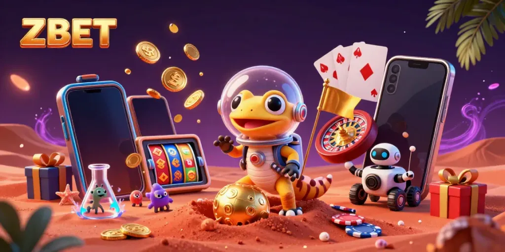ZBET entertains with a Martian gecko revealing a golden casino amidst dynamic gaming elements.