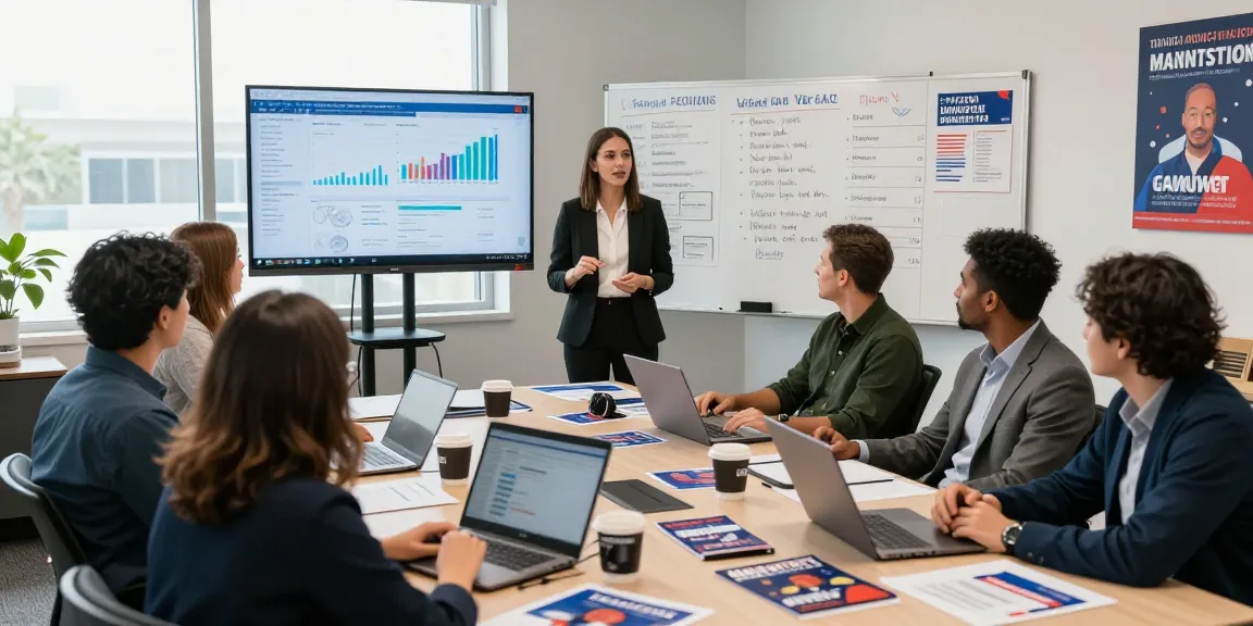 Team strategizing programmatic ads for campaigns in a vibrant political marketing office