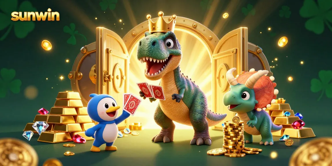 Join the fun at sunwin as a cartoon T-Rex shuffles cards with friends in a vibrant casino scene.