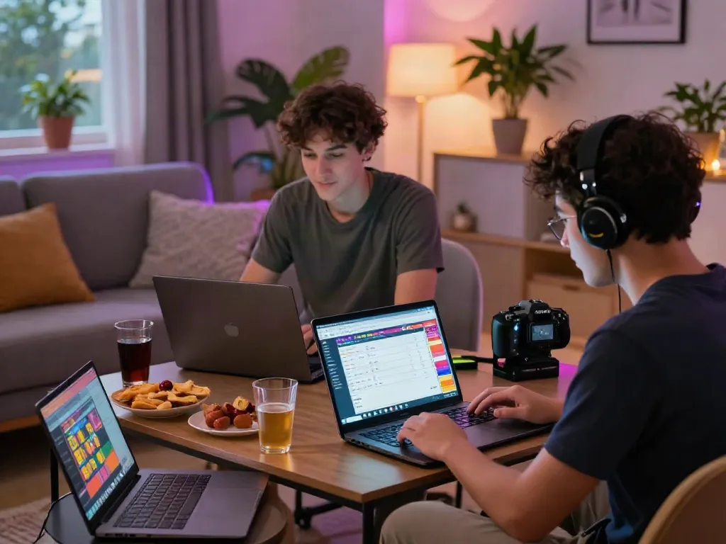 Engaged players analyzing togel online data on laptops while enjoying a cozy gaming atmosphere.