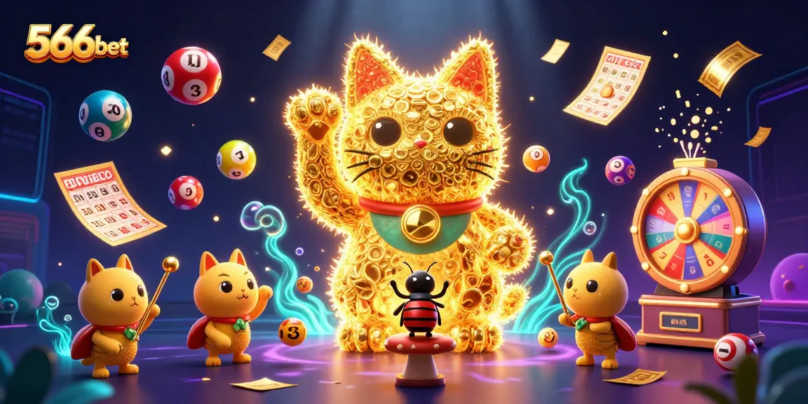 Engage with 566bet's vibrant 3D casino world featuring lucky symbols, colorful lottery balls, and a conductor beetle.