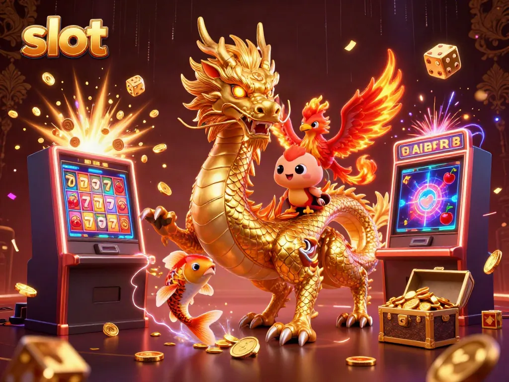 Mesin slot mewah dengan naga emas dan phoenix, koin jackpot berlimpah.