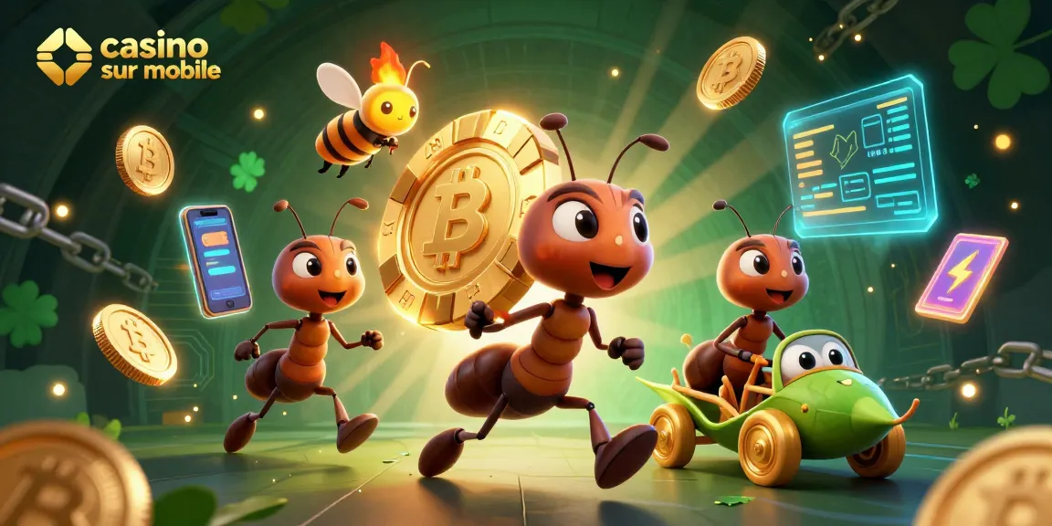 Jeux de casino sur mobile avec des fourmis transportant des jetons d'or et un conducteur sauterelle.