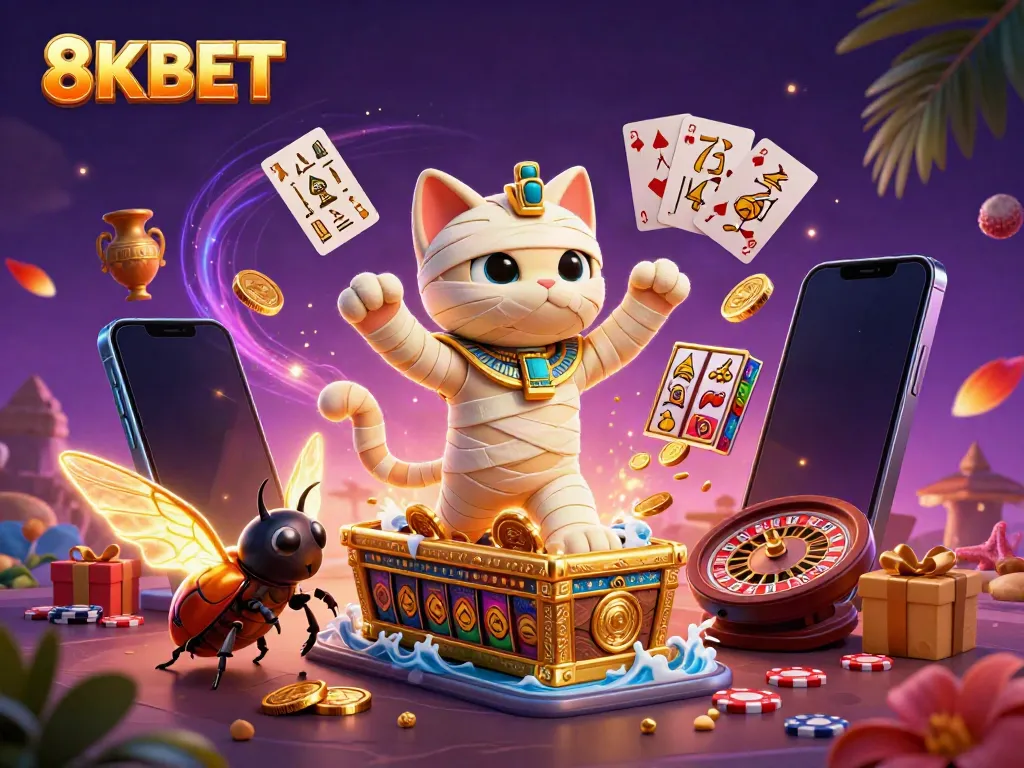 Experience thrilling gaming with 8KBET's vibrant scene of the mummy cat and golden treasures.