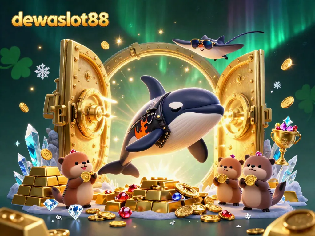 Ilustrasi 3D dewaslot88 dengan orca, stingray, dan berang-berang laut yang membawa koin emas.