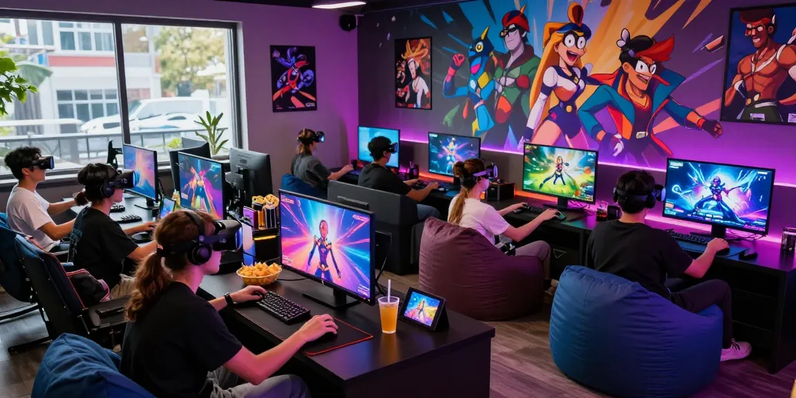 Friends enjoying interactive porn games in a vibrant gaming lounge.