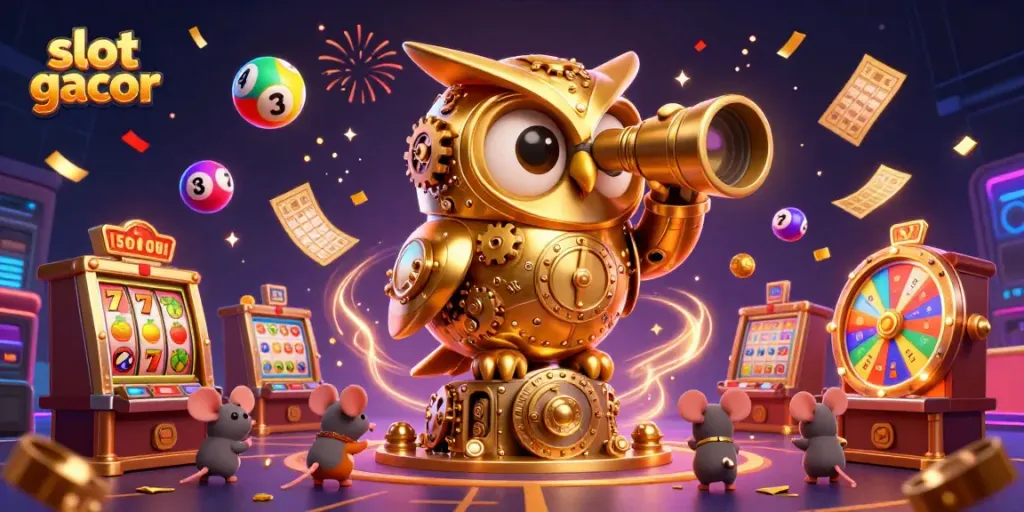 Experience the excitement of slot gacor with a dynamic casino scene featuring charming characters and jackpot elements.