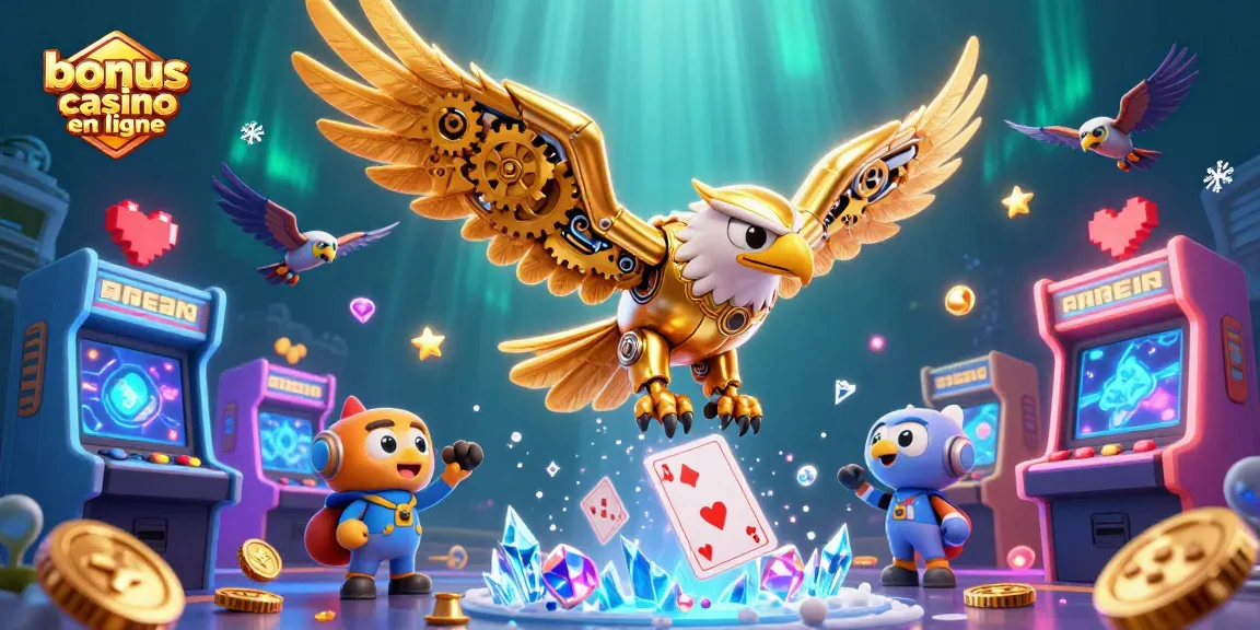 Plongez dans l'univers du jeu avec un bonus casino en ligne captivant, mettant en scène un aigle doré futuriste.
