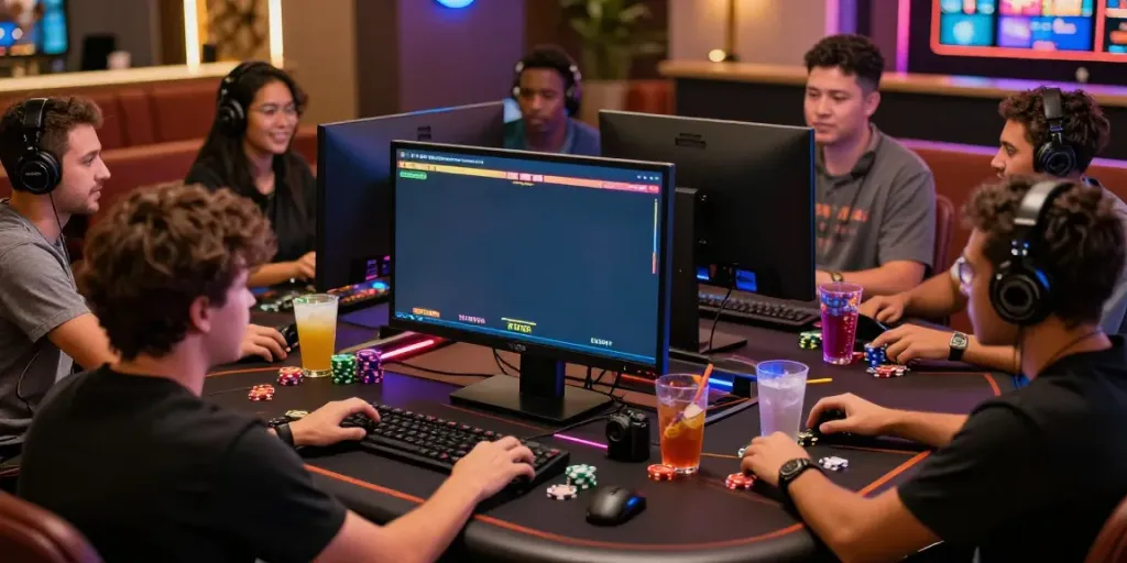 Players enjoying an immersive slot gacor game experience in a vibrant gaming lounge.
