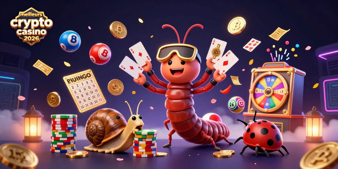 Faites un tour des meilleurs crypto casinos 2026 avec une illustration dynamique de jeux et de personnages de casino.