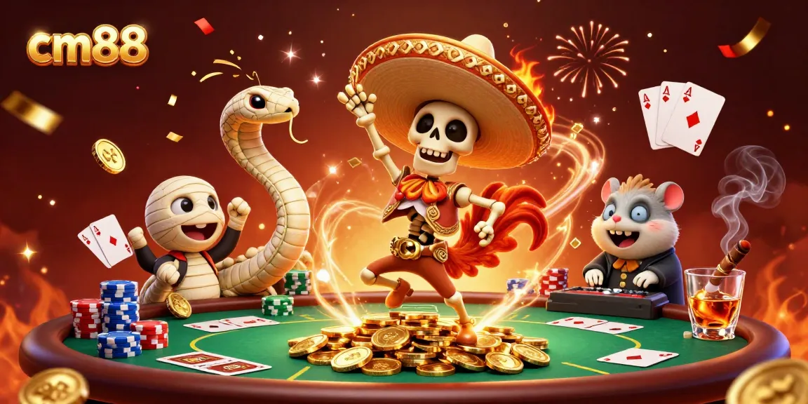 Experience the excitement of cm88 with a vibrant celebratory scene featuring a mariachi rooster and vibrant casino elements.