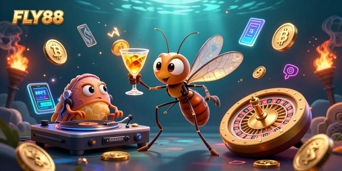 FLY88's frozen mosquito mascot and trilobite DJ create a lively casino scene.