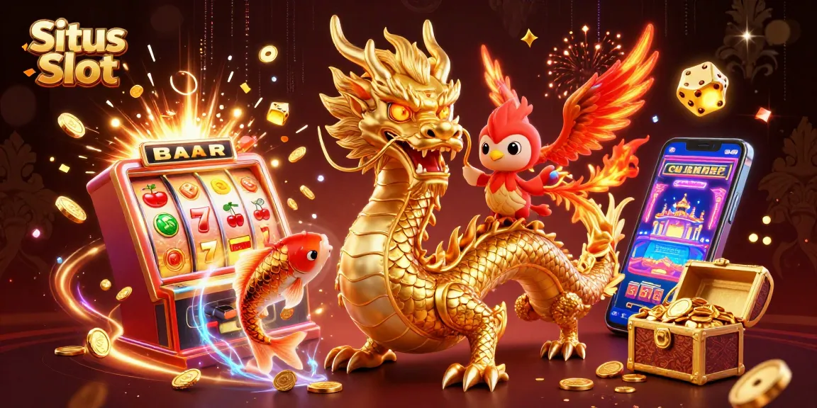 Experience the thrill of Situs Slot with a dynamic 3D illustration featuring a Chinese dragon, phoenix, and koi fish.