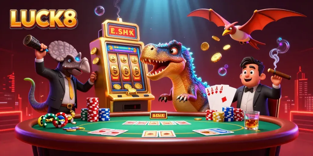 LUCK8 features a pachycephalosaurus celebrating a jackpot with golden coins, embodying an exciting online casino atmosphere.