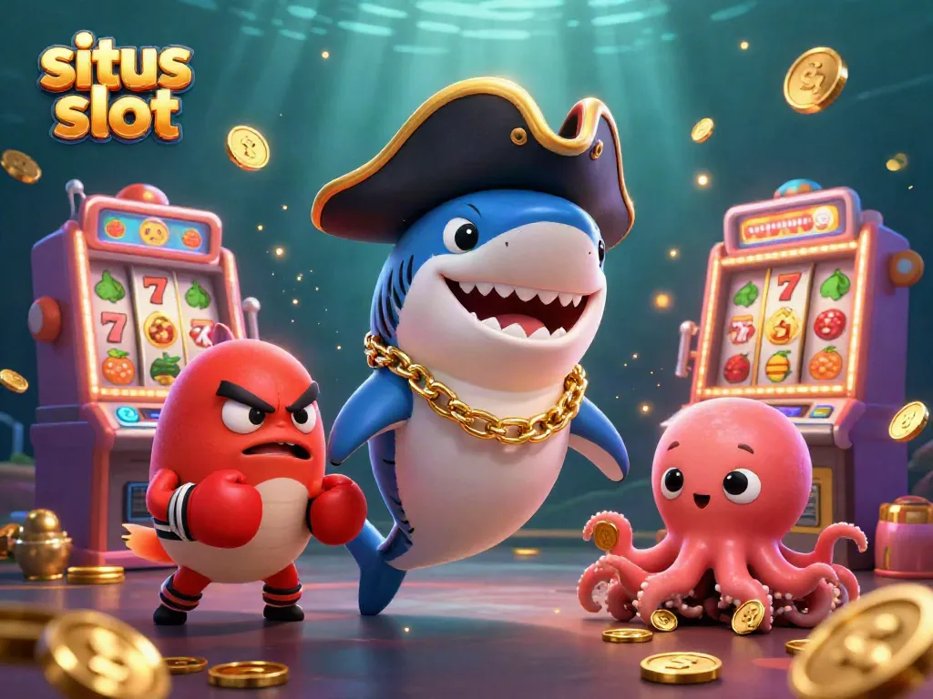 Gambarkan situs slot dengan elemen menarik seperti hiu 3D, ikan buntal, dan guru gurita membawa koin emas.