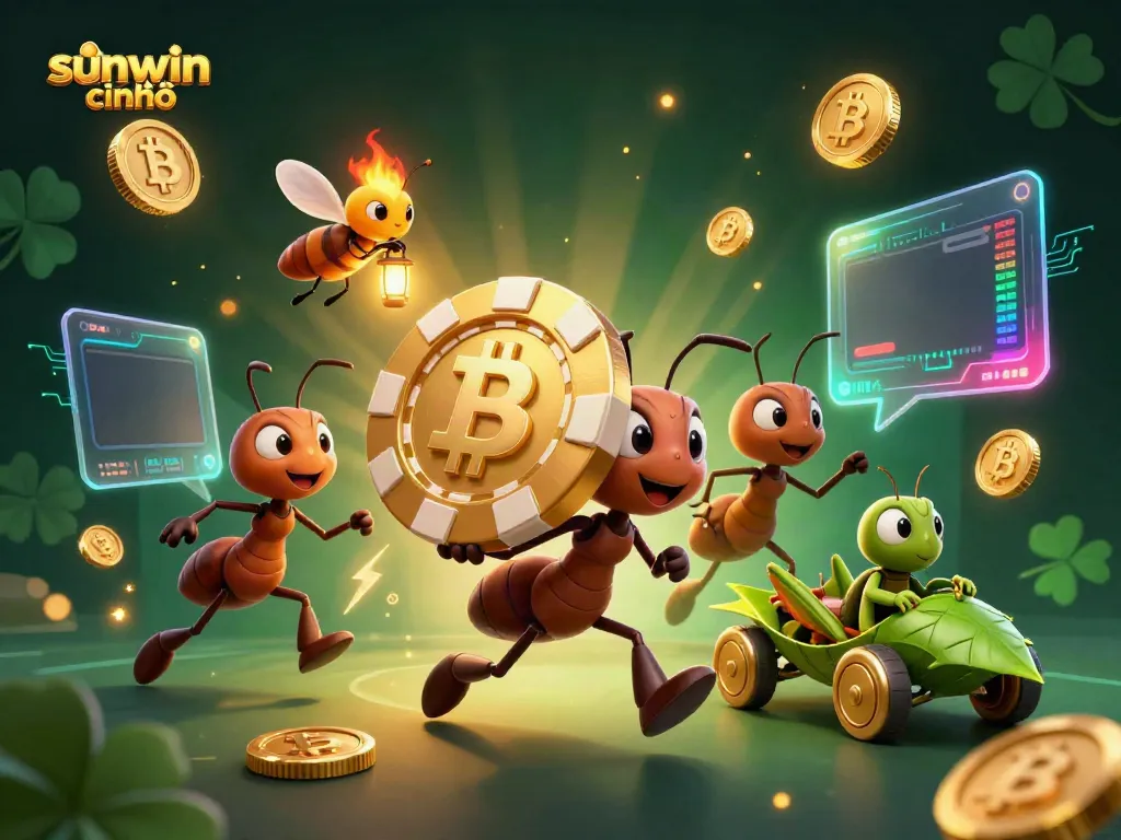 Experience the dynamic scene with ants hauling a giant poker chip in a crypto-themed illustration for sunwin chính chủ.