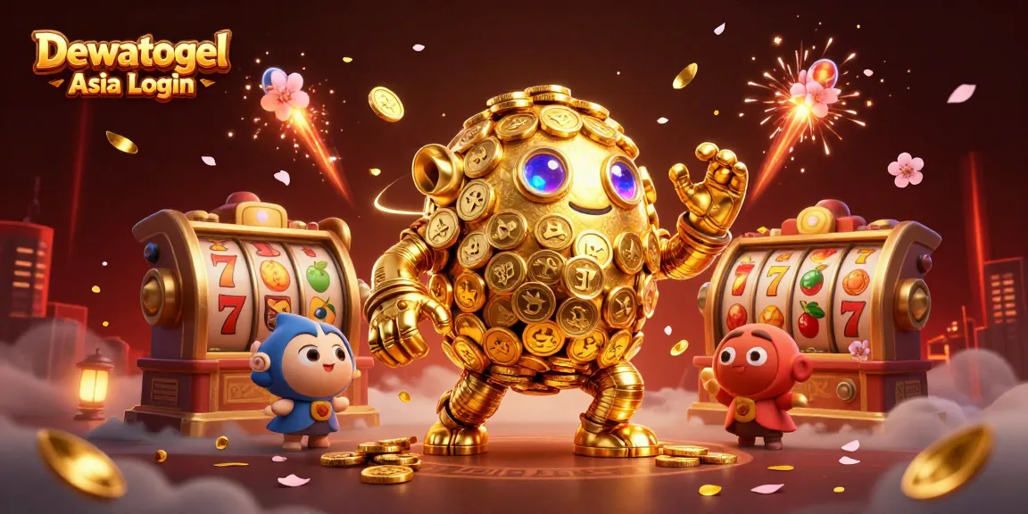 Dewatogel Asia Login depicts a vibrant 3D cartoon scene showcasing a golden golem surrounded by slot reels and festive elements.