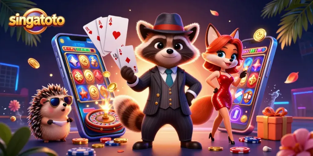 Experience thrilling gameplay with singatoto through a charming raccoon and stylish fox in a vibrant scene.
