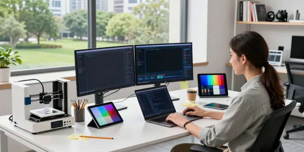 AI graphic generator at work in a vibrant tech office with dual monitors and creative tools.