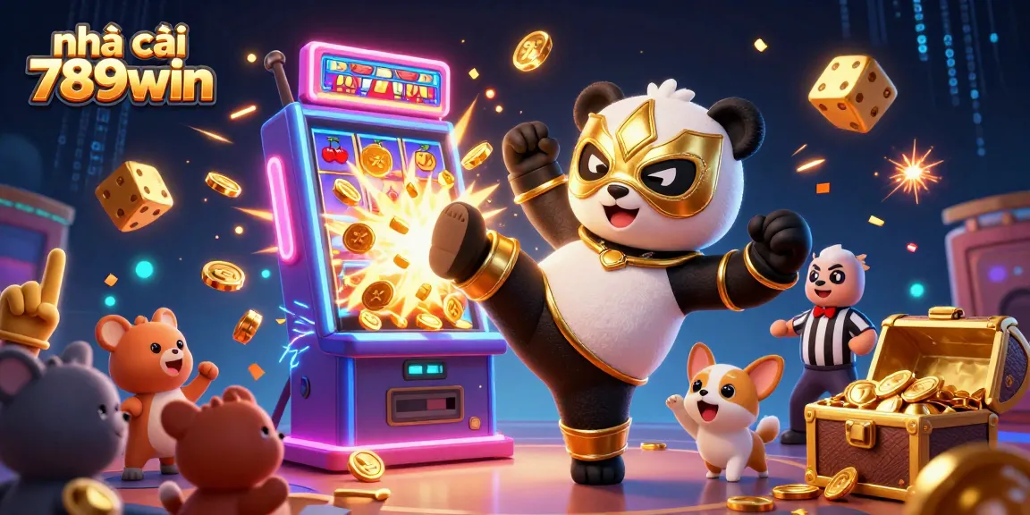 Experience the excitement of nhà cái 789win with a thrilling illustration showcasing a panda in action, surrounded by vibrant casino elements.