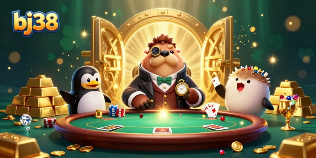 Engage in poker actions with bj38 at a vibrant underwater casino table featuring a walrus, penguin, and pufferfish.