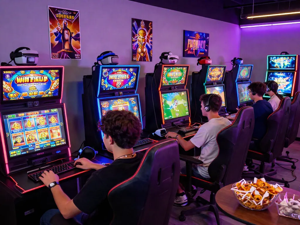 Exciting slot game experience with gamers in action, vibrant setup, and LED lighting.