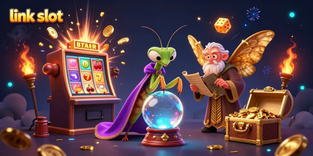 Experience exciting wins at link slot with our vibrant 3D casino scene featuring jackpot symbols and fortune teller.