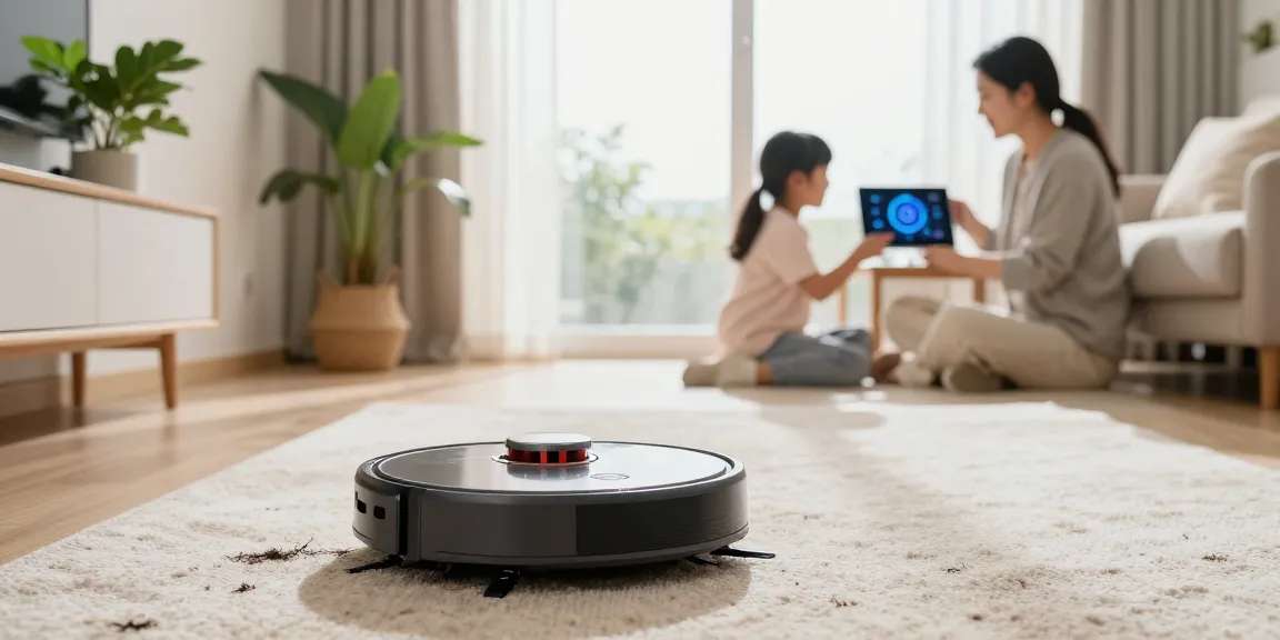 Best robot vacuum 2026 navigating a stylish living room, efficiently cleaning carpet and pet hair.