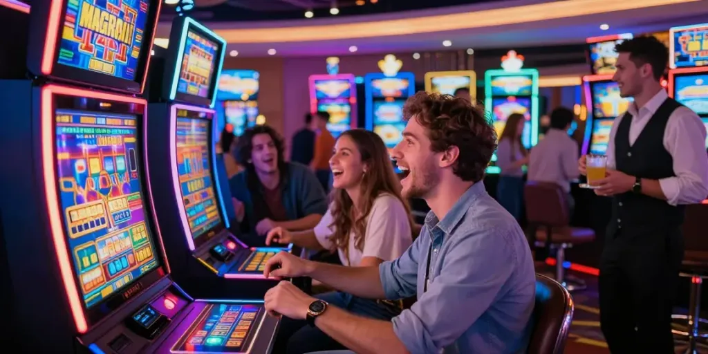 Excited friends playing vibrant slot machines in a lively online casino setting.